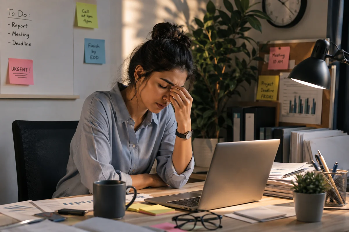A woman at a desk in a dim office at night pinching the bridge of her nose in exhaustion, an open laptop and sticky notes reading URGENT and deadlines on the wall behind her