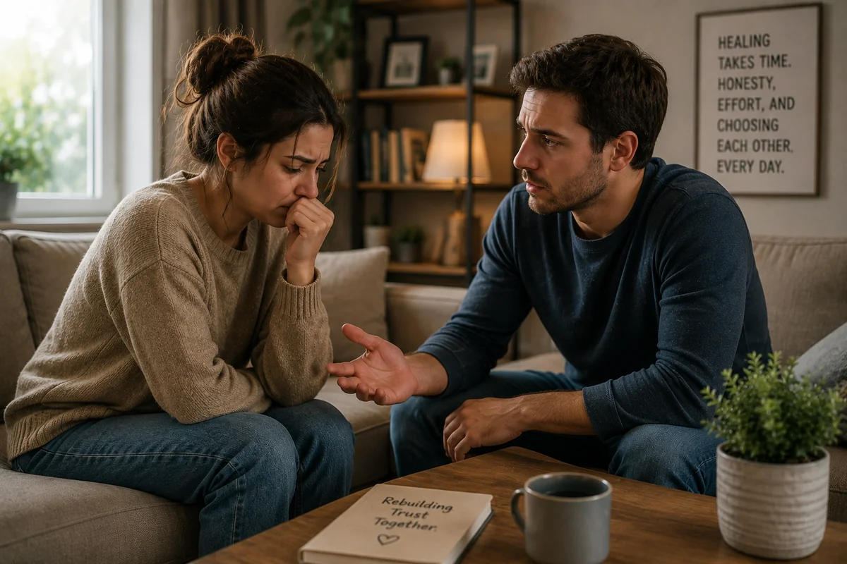 A couple sitting apart on a sofa looking pensive, illustrating the question of whether a relationship can survive cheating and how couples rebuild trust after infidelity