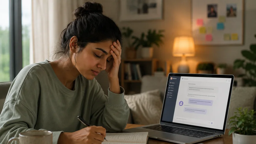 A person journaling beside a laptop with an AI support chat open