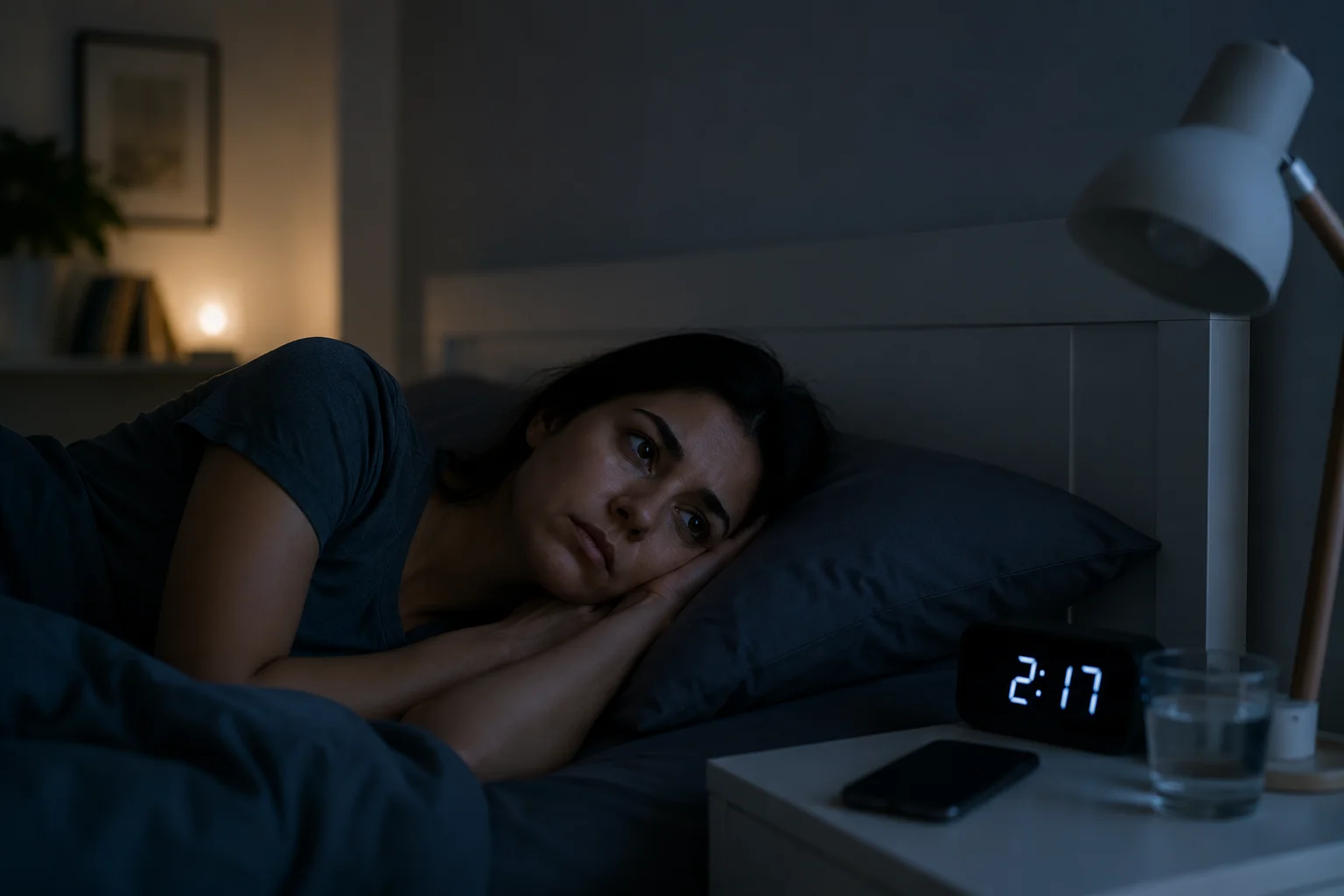 A person lying awake in bed at night, struggling with racing thoughts and anxiety