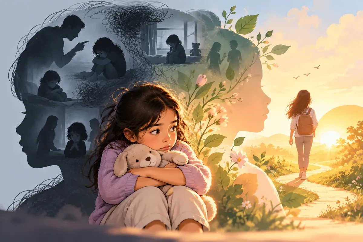 Illustration of a young girl hugging a stuffed toy, with grey silhouettes of painful childhood memories on one side and, on the other, a profile filled with flowers and leaves and a young woman walking a sunlit path, symbolising healing and growth