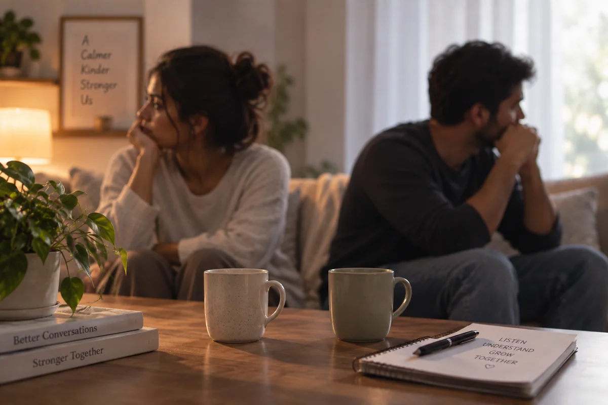 A couple sitting slightly apart on a sofa, both thoughtful, with a subtle signpost motif suggesting a decision point about whether to seek couples counselling