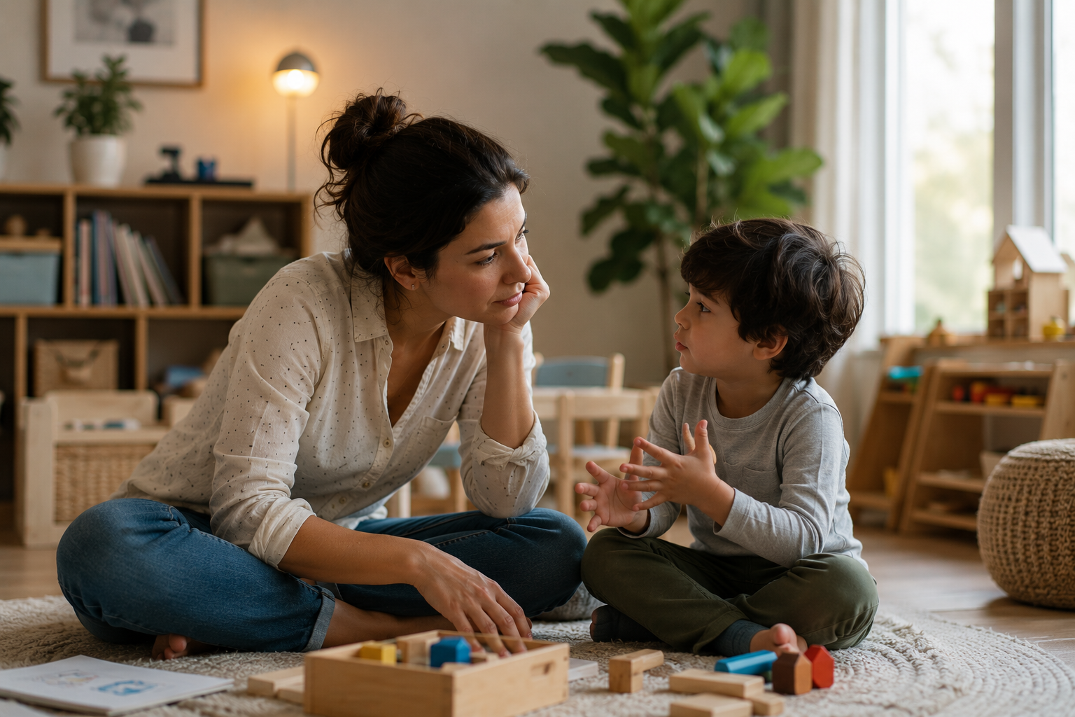 A parent and child sitting together on the floor with toys, showing gentle parenting through calm connection