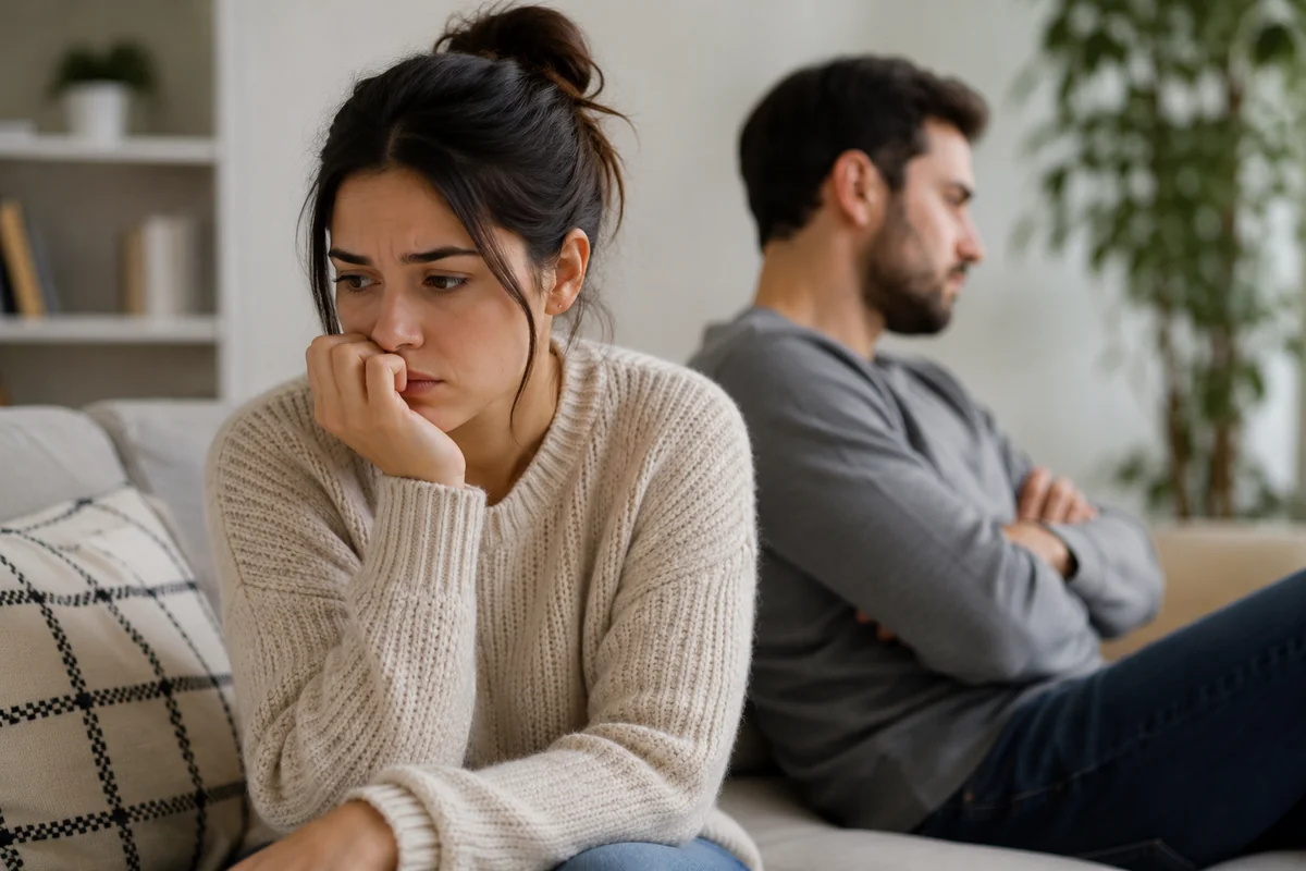 A couple sitting apart and turned away from each other on a sofa, the woman looking anxious and worried with her hand to her mouth while the man sits with his arms crossed, conveying tension and anxiety in a relationship