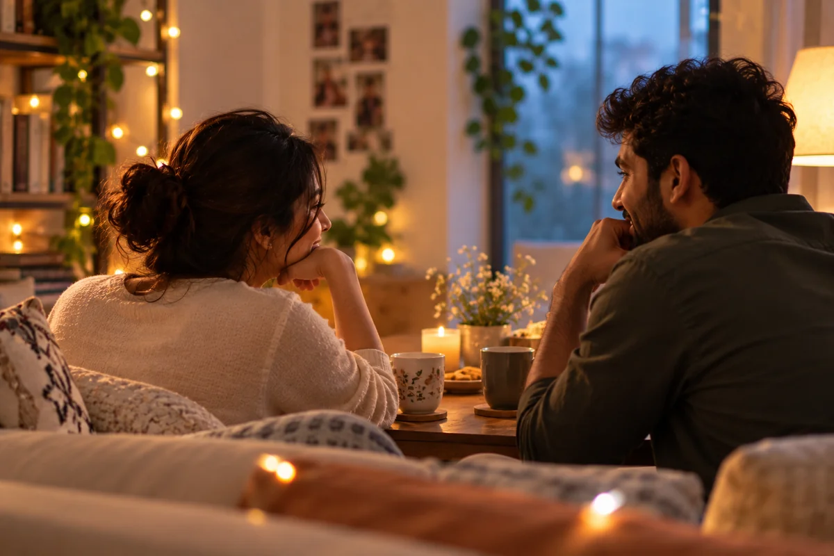 A newly married couple sitting a little apart on a sofa at home, learning to be at ease with each other in the early weeks of an arranged marriage