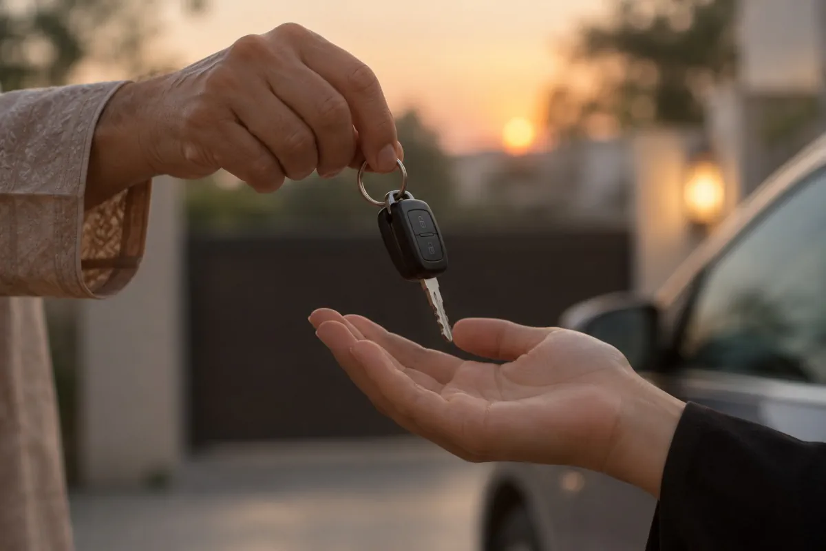 An older hand lowering a car key into a younger person's open palm at sunset, with a parked car in the background