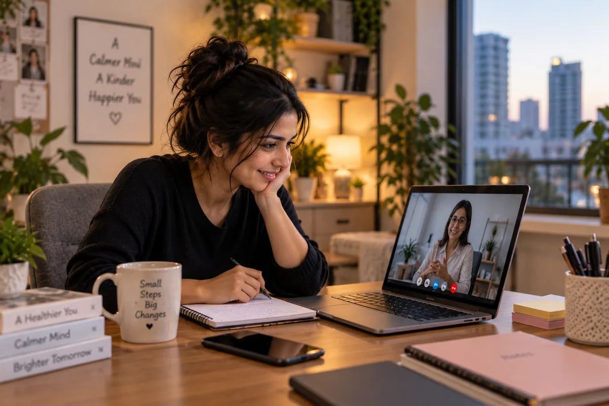 A young woman in India smiling during an online therapy video call with a psychologist on her laptop at a calm, softly lit home desk