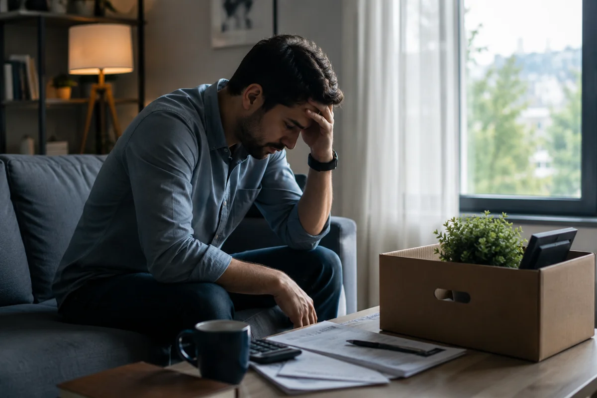 A man sitting on a sofa with his head in his hand beside a cardboard box of desk belongings