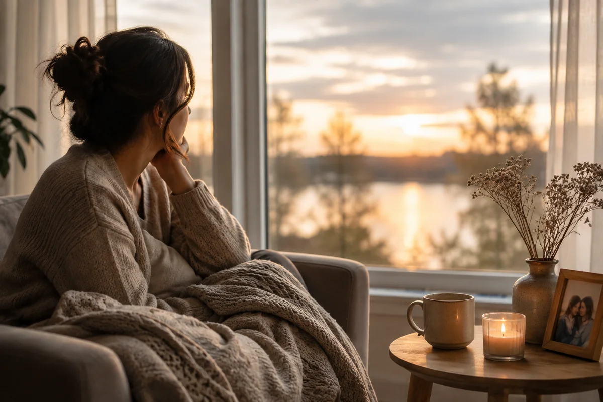 A woman wrapped in a blanket sitting by a window at sunset, a framed photo and a candle beside her
