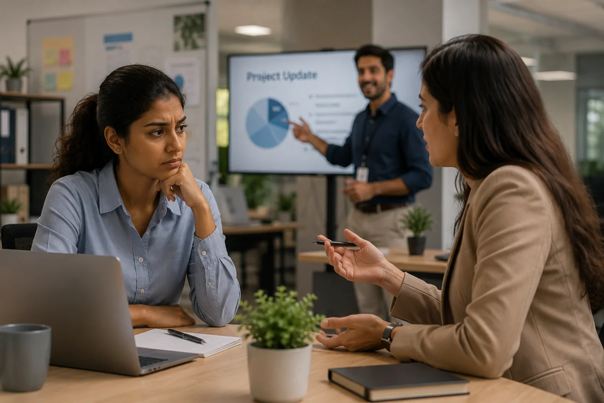 A woman at an office meeting table looking sidelined and thoughtful while a male colleague presents her project on a screen behind them