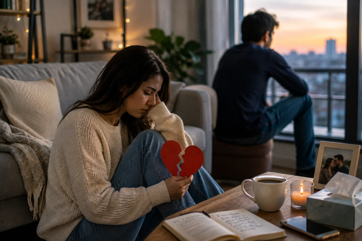 A woman sitting on the floor holding a paper broken heart while her partner sits turned away by the window