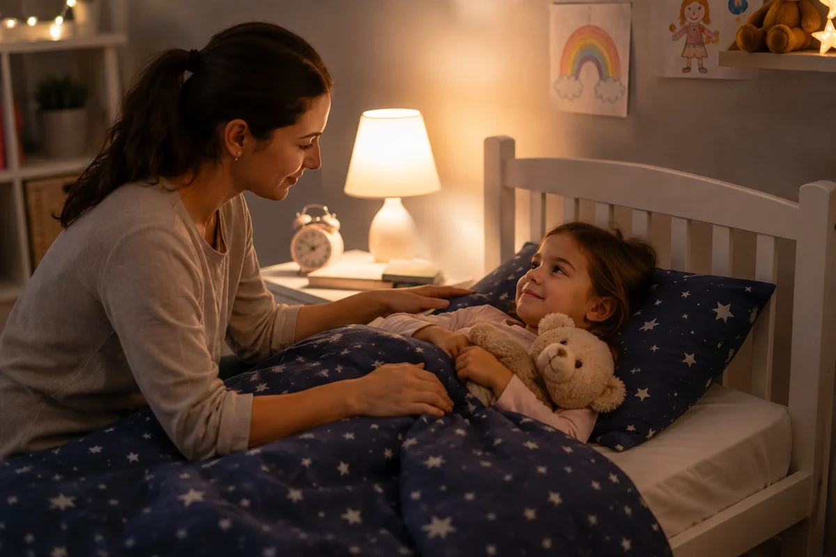 A mother gently tucking her young daughter into a bed with starry bedding at night