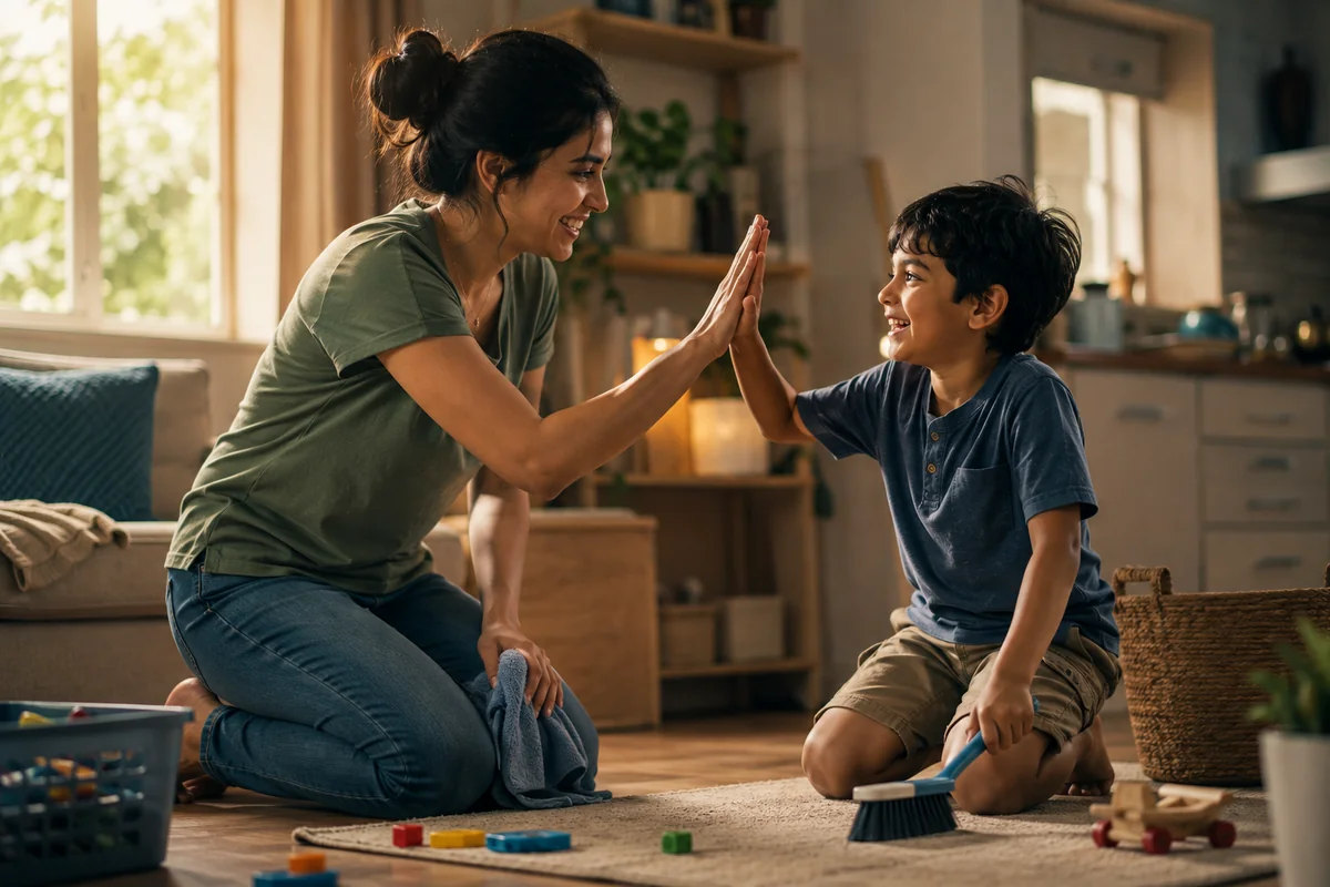 A parent and child tidying up together in a bright living room, illustrating how to get your kids to do chores without nagging or daily battles