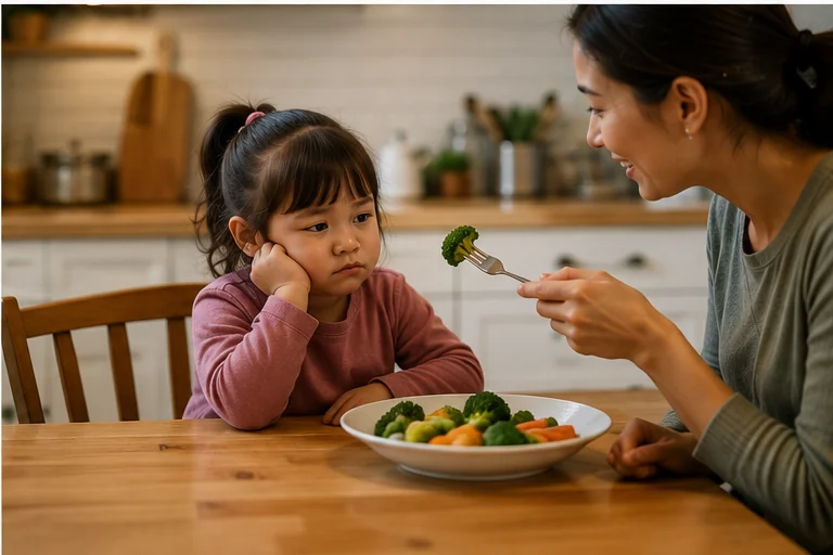 A young child turning away from a plate of food at the dinner table while a calm parent sits nearby, illustrating how to handle a picky eater without mealtime battles