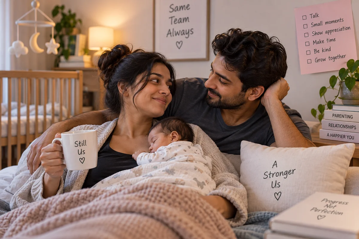 New parents sitting close together in bed with their sleeping newborn between them, smiling at each other, a cot and a checklist of small daily habits in the background