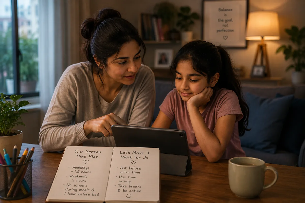 A parent and child sitting calmly together beside a switched-off tablet, illustrating how to set screen time limits without a daily fight