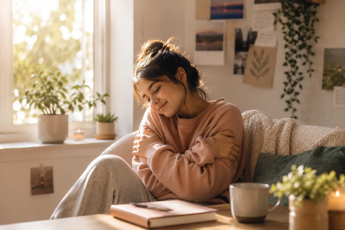 A young woman in a soft pink sweatshirt sitting by a sunlit window with her eyes closed, arms wrapped gently around herself in a self-soothing embrace, a journal and mug on the table