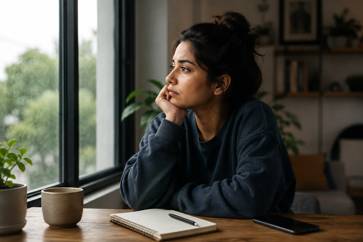 A person sitting with their head resting on their hand looking lost in thought, illustrating how to stop overthinking everything and quiet a racing mind