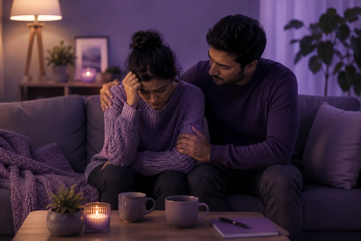 A man sitting close to his partner on a sofa in warm lamplight, one arm around her shoulders as she leans forward looking downcast, two mugs on the table in front of them