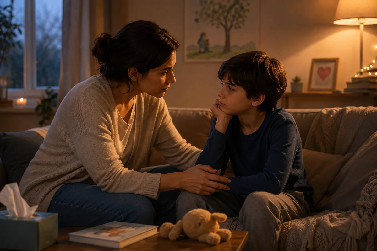 A mother sitting close to her young son on a sofa in warm lamplight, gently holding his hands as they talk