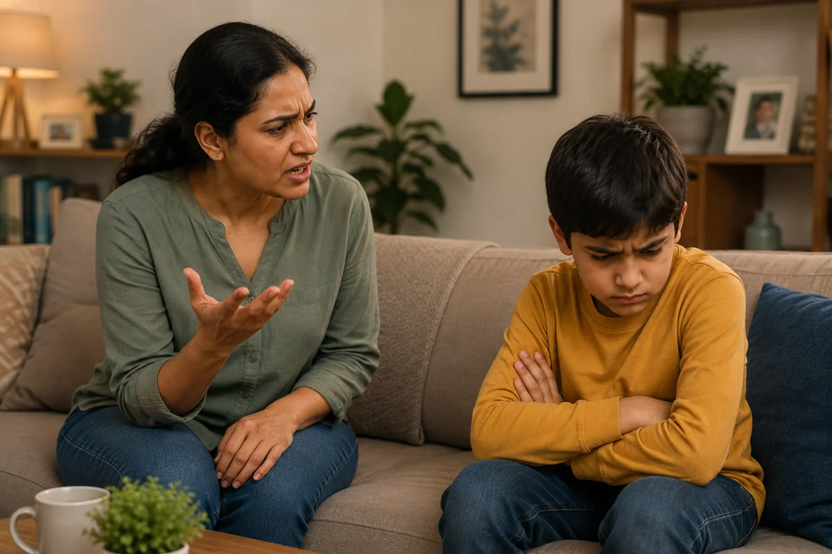 A mother sitting on a sofa gesturing in frustration while her young son sits beside her with his arms crossed and head down, sulking, in a warmly lit family living room
