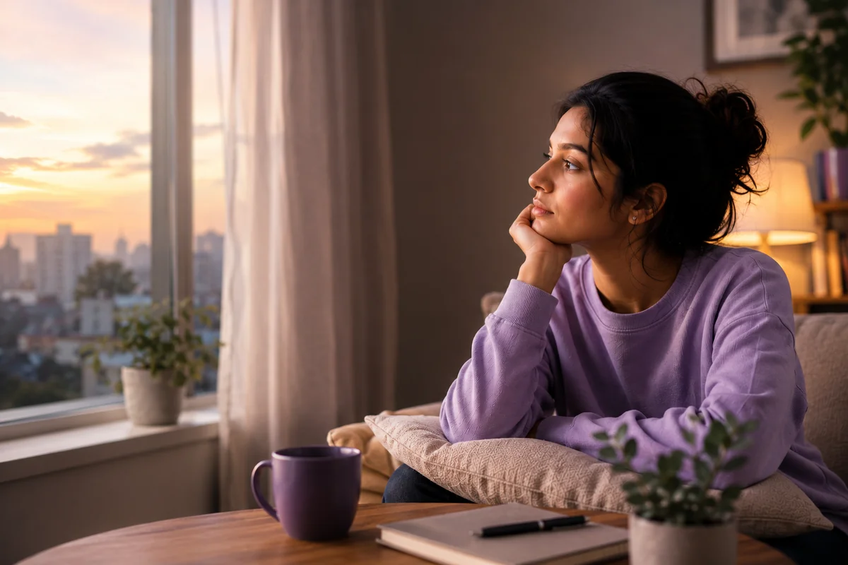 A person pausing thoughtfully by a window, taking stock of where they are in life