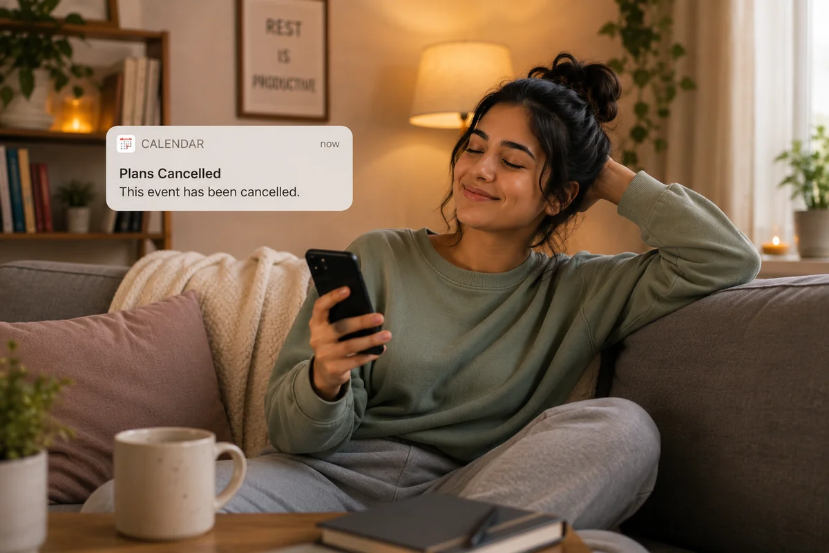 A young woman in a sage-green sweatshirt relaxing on her sofa at home, smiling softly as she reads a calendar notification that her plans have been cancelled, a warm lamp and books in the background