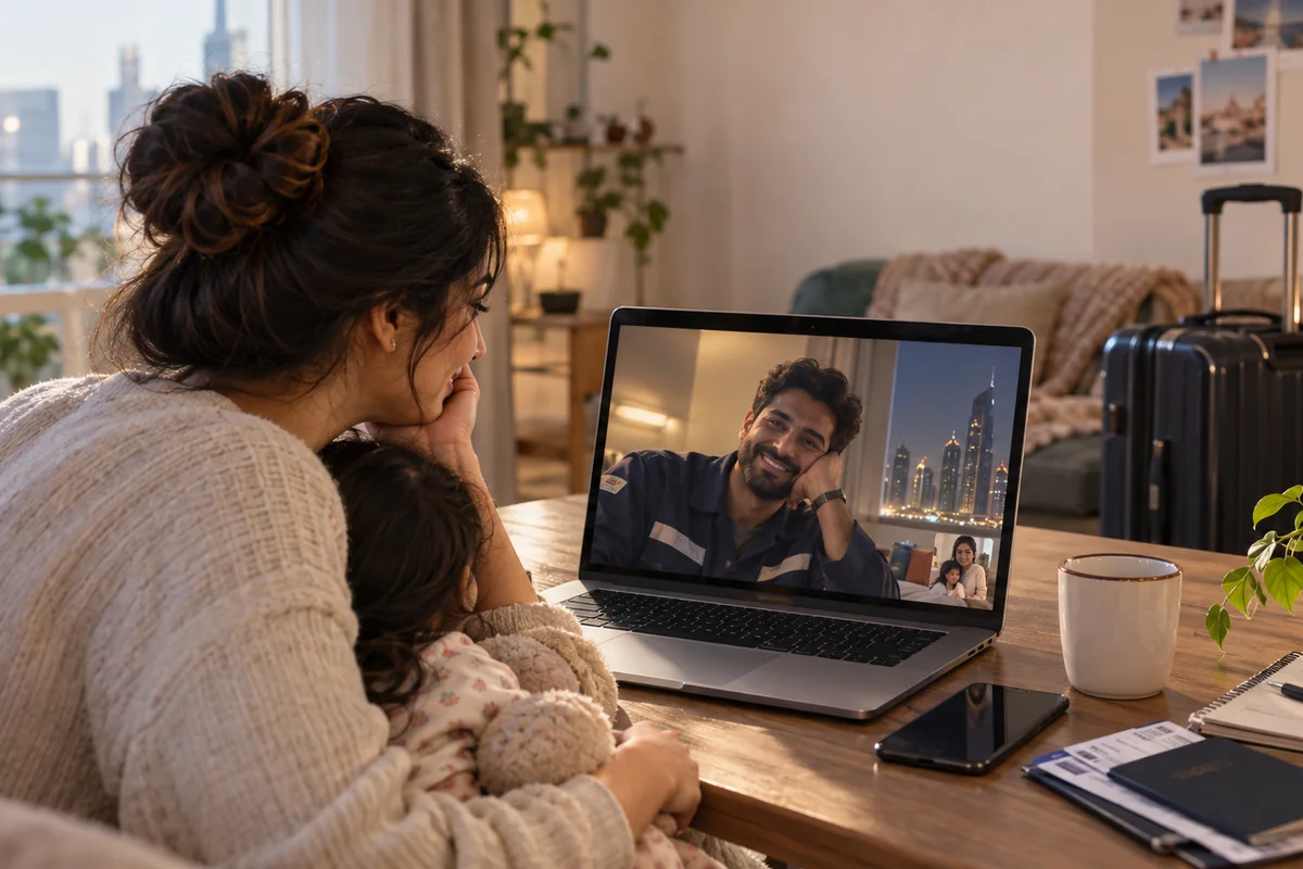 A married couple on a video call at night, one partner at home in Kerala holding a phone and the other in a modest apartment abroad, both smiling faintly across the distance with a small suitcase nearby