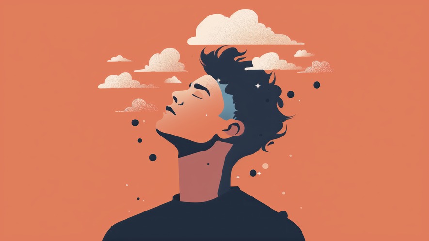 Digital illustration of a man looking upward with clouds around his head for men's mental health awareness