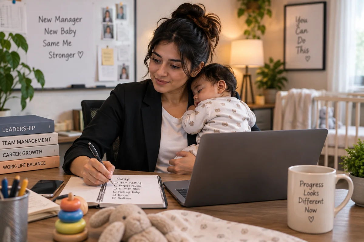 A woman in a blazer holding her sleeping baby with one arm while writing in a planner at her desk, a laptop and books on leadership and team management beside her, a note reading New Manager New Baby Same Me Stronger on the wall
