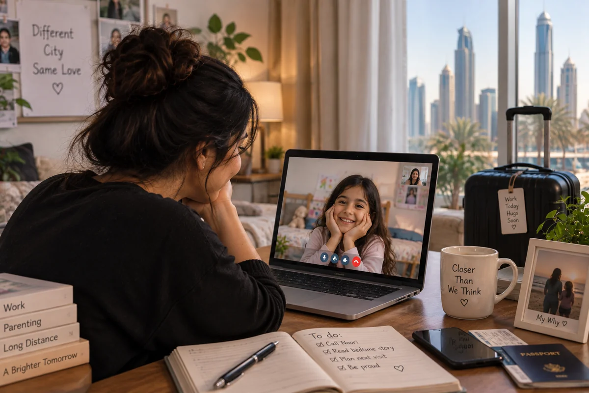 A father in an apartment abroad smiling at his laptop during a video call with his two young children who are at home in Kerala with their mother, a calendar on the wall marking his next visit