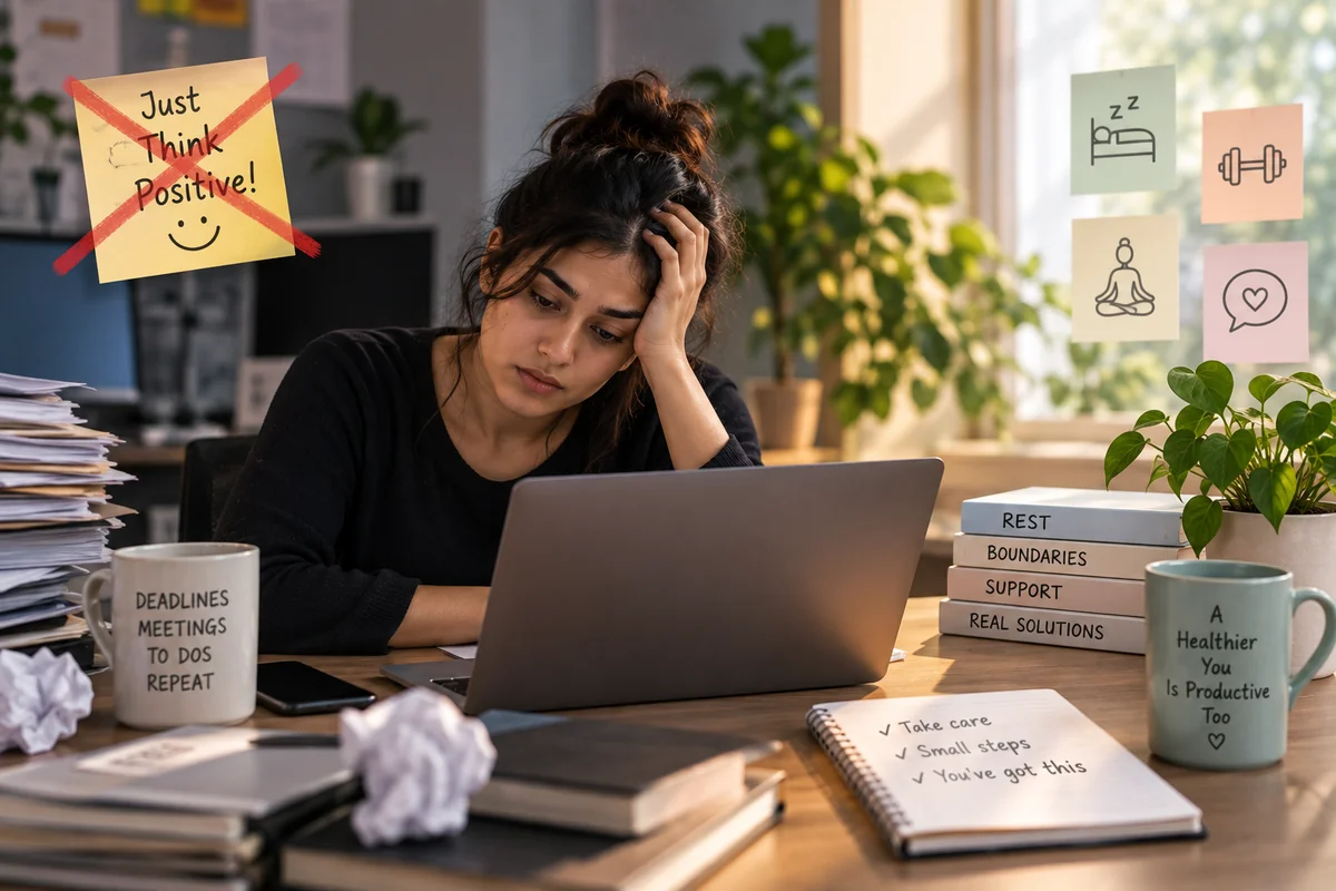 A young woman looking drained at her desk with her head resting on one hand, a crossed-out Just Think Positive sticky note beside her and a stack of books reading Rest, Boundaries, Support and Real Solutions