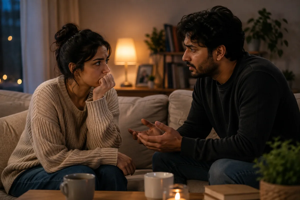 A couple sitting apart on a sofa looking thoughtful, illustrating the question of whether to break up or work things out