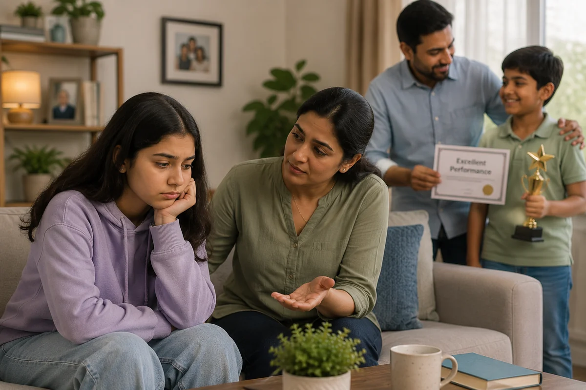 A teenage girl sitting deflated on a sofa while her mother speaks gently to her, as a parent in the background celebrates a younger sibling holding a trophy and a certificate