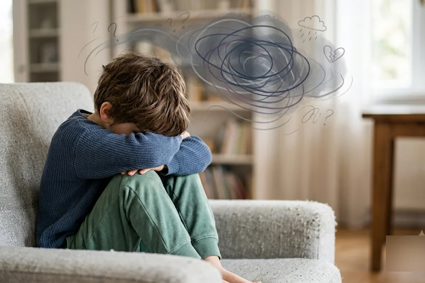 A parent gently paying attention to their child, watching for how the child is really doing