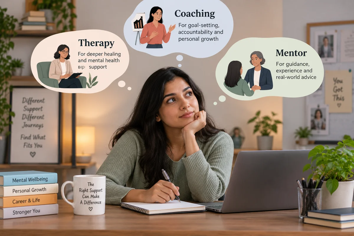 A woman sitting at her desk looking thoughtfully upward, with three thought bubbles above her labelled Therapy, Coaching and Mentor, each showing a different kind of supportive conversation