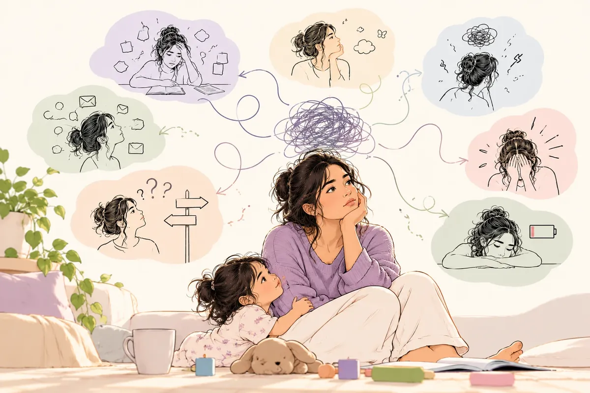 Illustration of a woman sitting on the floor with her young daughter leaning against her, gazing up at thought bubbles showing her overwhelmed by tasks, distracted by messages, unsure which way to go, frazzled, and drained of energy