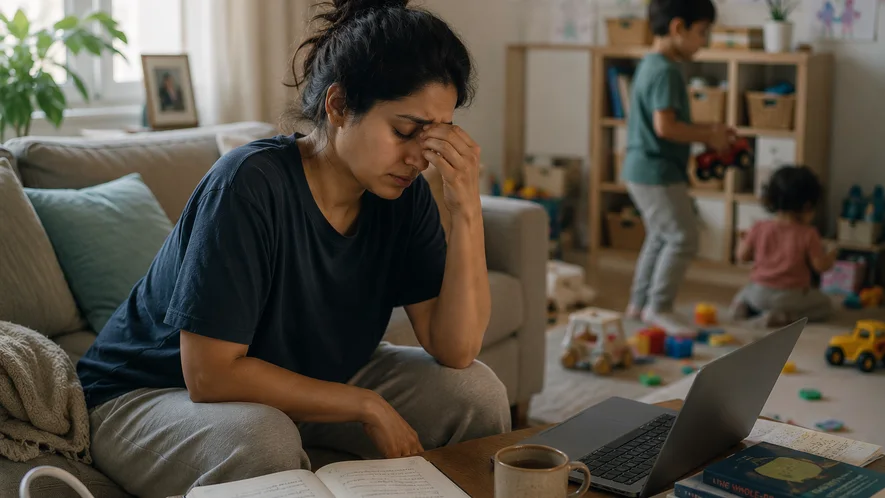A tired parent sitting in a living room while children play nearby