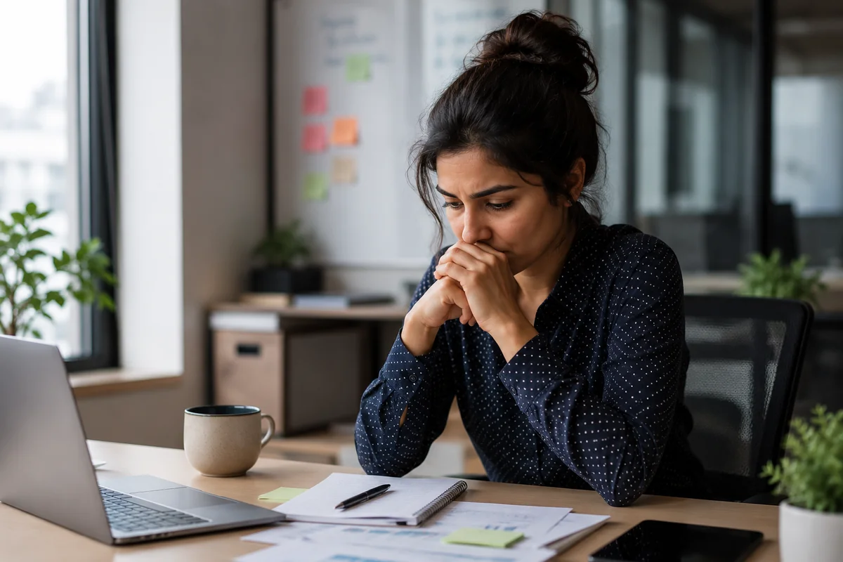 A worried professional sitting at a desk with a hand on their forehead, illustrating what to do after you make a big mistake at work and feel horrible