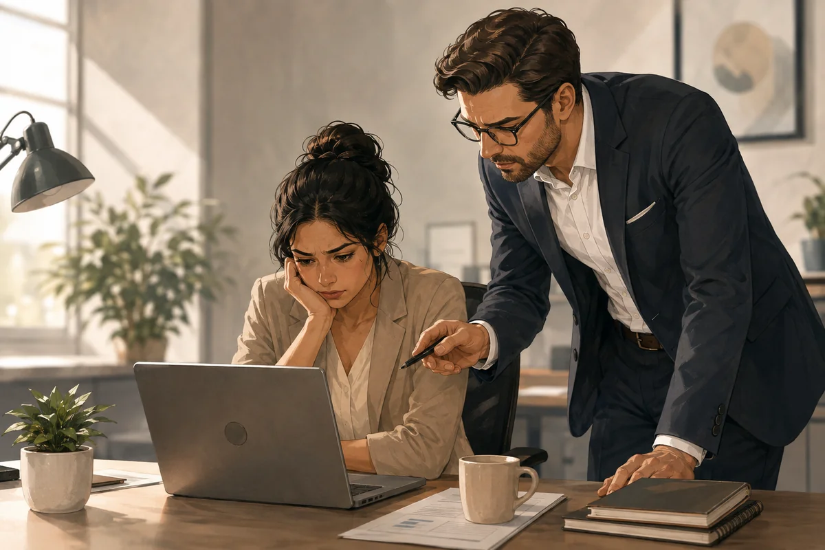 A woman working at a laptop looking strained while a manager in a suit leans over her shoulder pointing at the screen