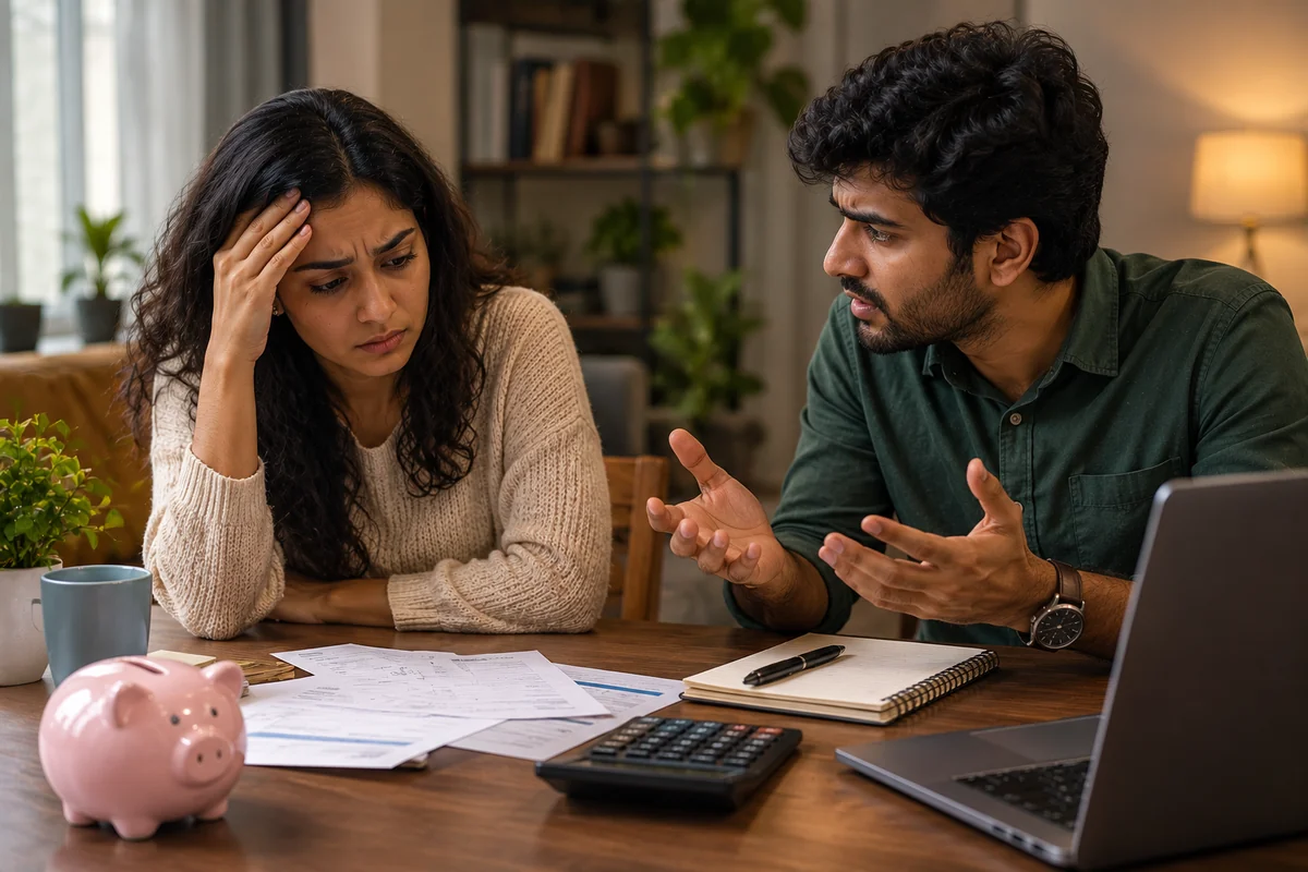 A couple sitting at a table at home with bills and a calculator between them, one looking worried and the other trying to talk it through