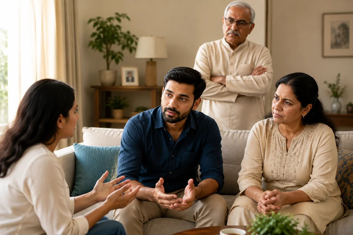 A couple talking with the husband's parents in a living room during a tense family conversation
