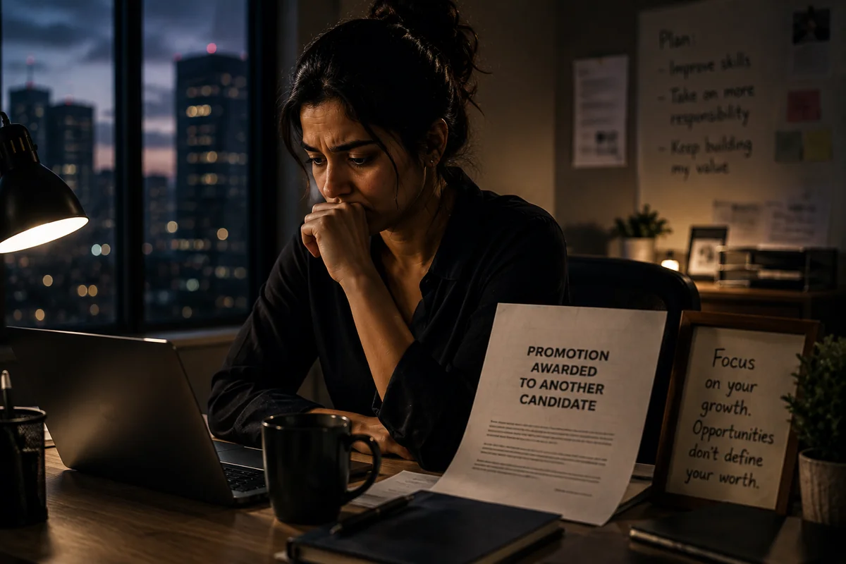 A professional sitting alone at a desk looking disappointed, illustrating what to do when you get passed over for a promotion and feel overlooked