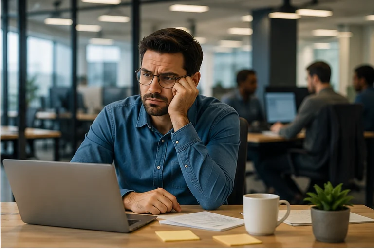 A tired professional sitting at a desk staring away from the screen, illustrating what to do when you resent your job and are wondering whether to quit