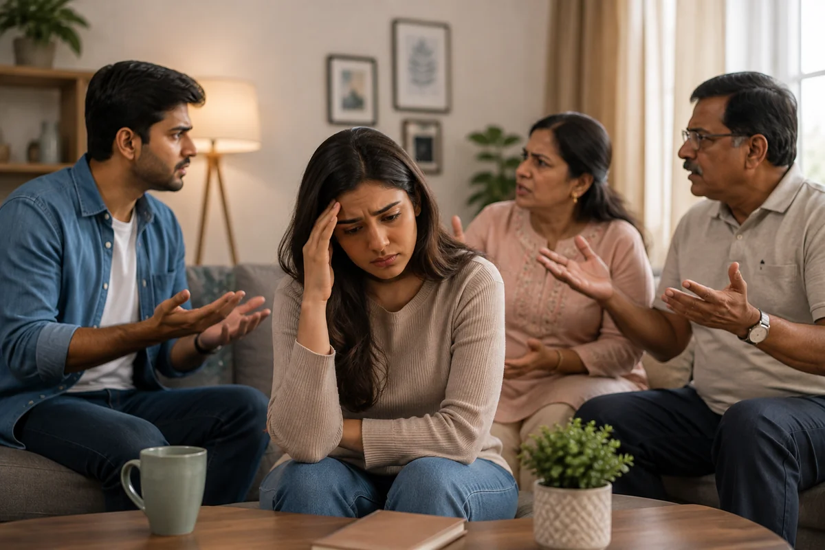 A young woman sitting on a sofa looking down and stressed with a hand to her head, her partner on one side and her older parents on the other, all mid-argument in a warmly lit living room
