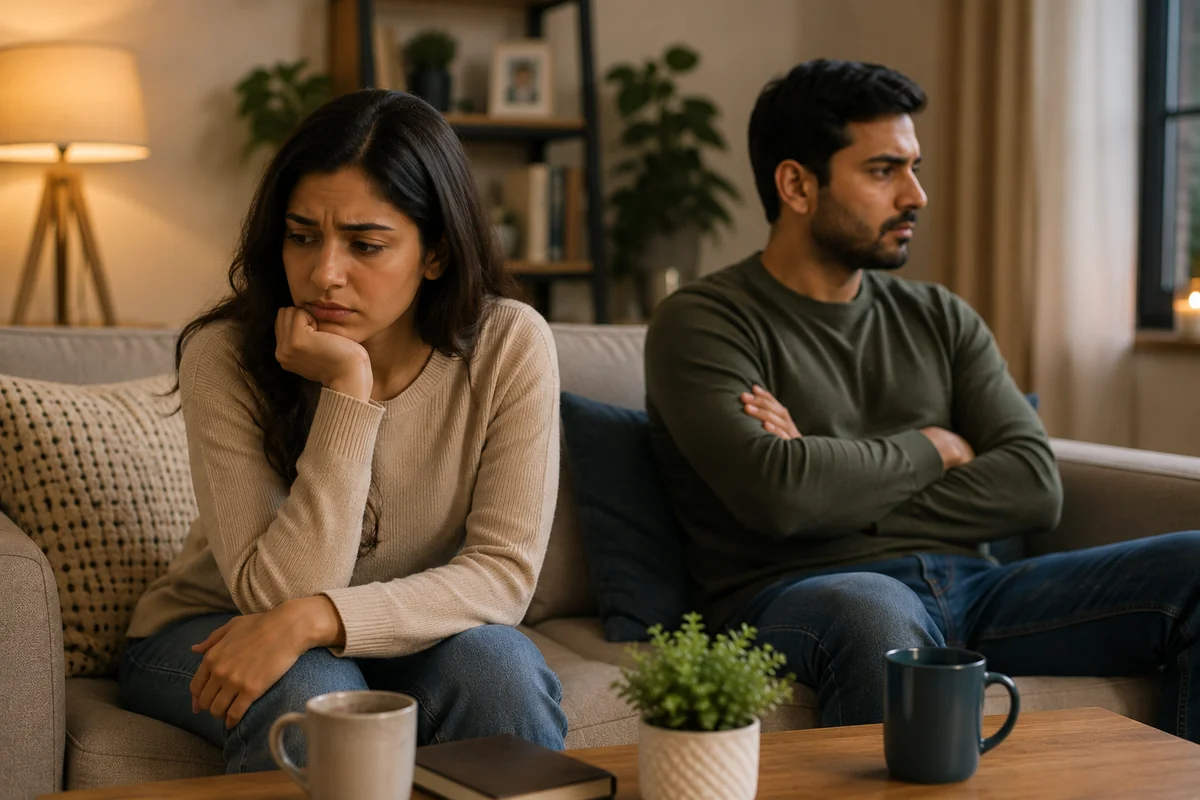 A couple sitting on a sofa turned away from each other in silence, the man with his arms crossed, both looking upset after an argument