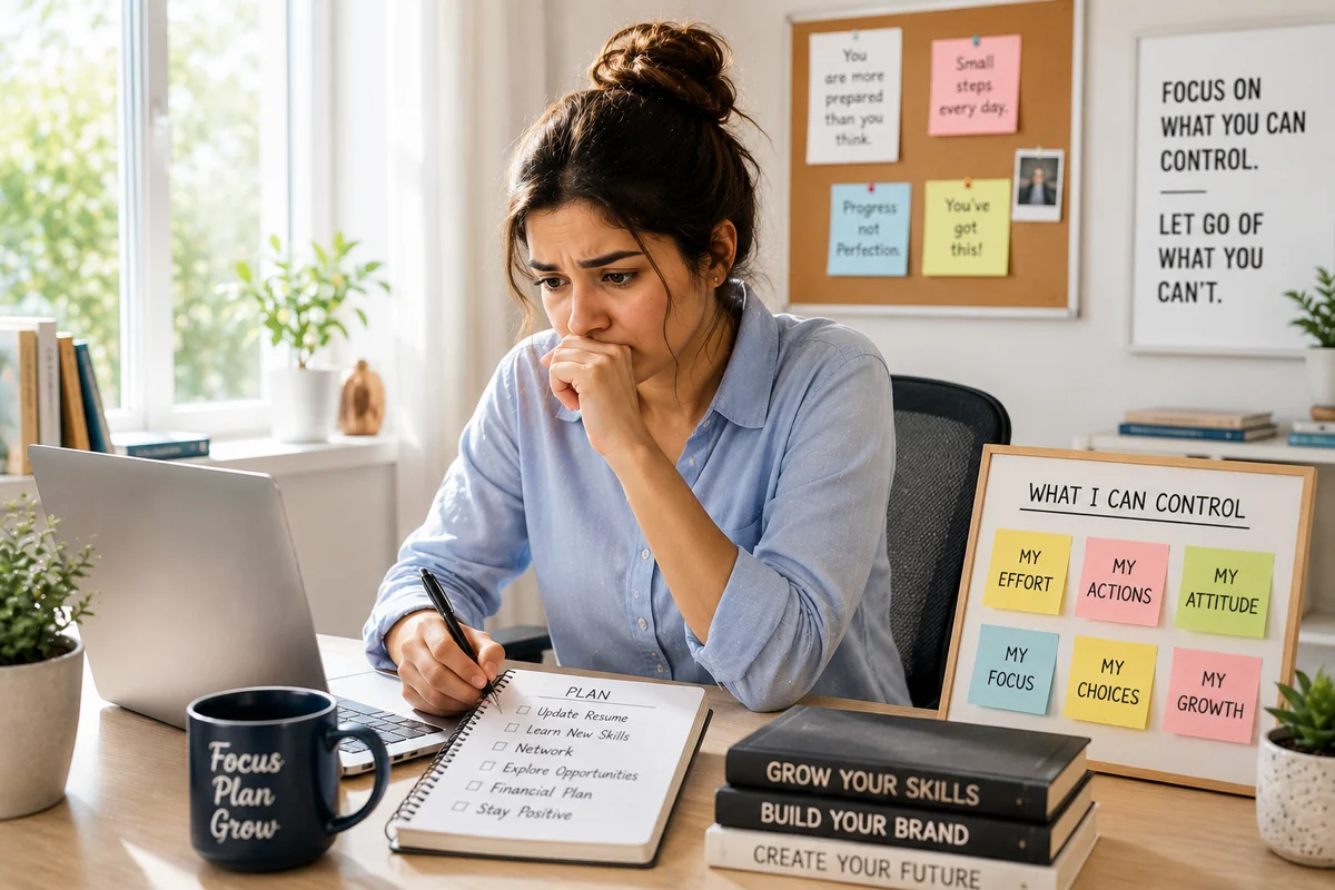 A professional sitting at a desk looking worried while glancing at a laptop, illustrating what to do when you are scared of losing your job and living with job insecurity