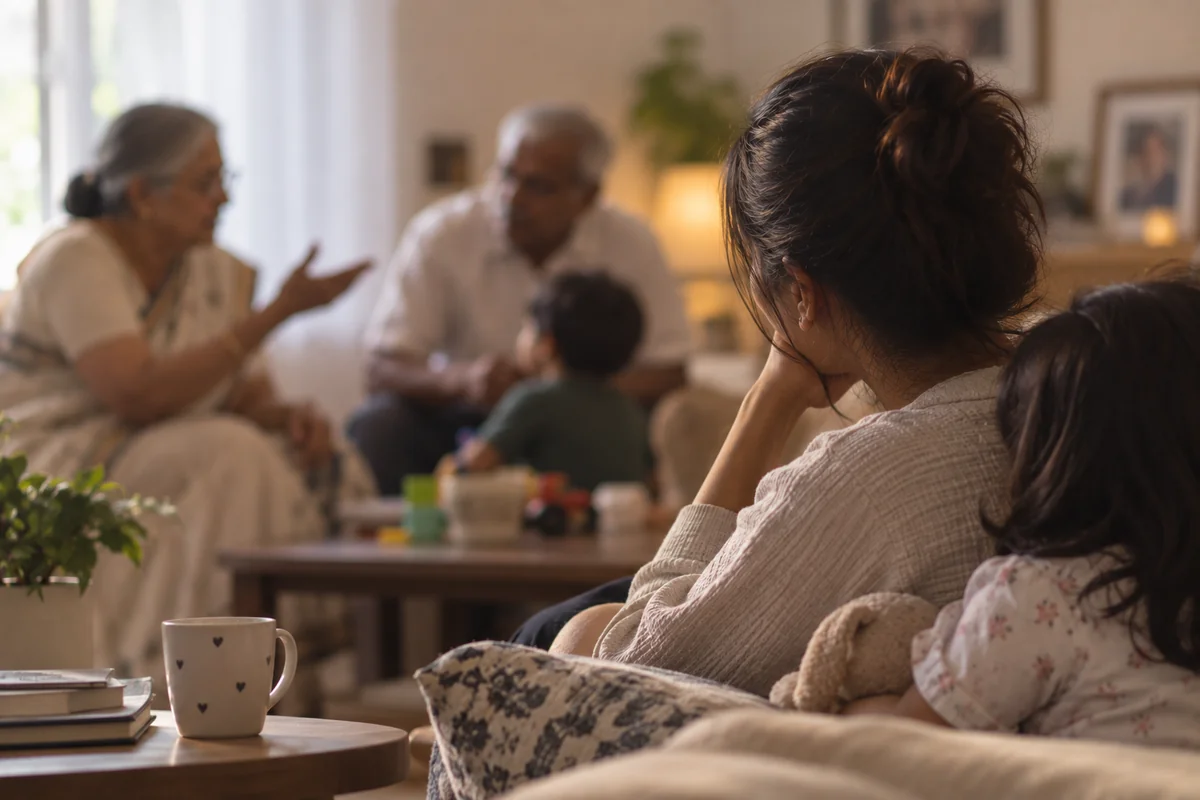 A young parent and a grandparent standing on either side of a child at home in a joint-family setting, each gently pulling the child's attention, showing the tension of divided authority