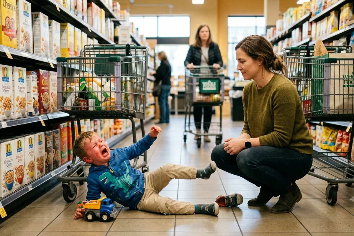 A young child having a tantrum on the floor of a grocery store aisle while his mother crouches calmly beside him, illustrating why a child misbehaves most with the parent they feel safest with