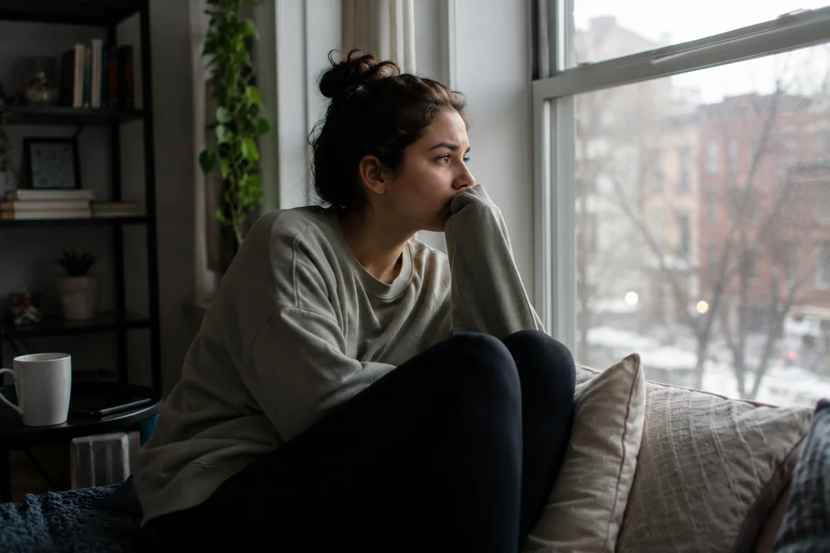 A young woman in a sweater sitting curled up on a couch by a window, resting her mouth against her sleeve and gazing out anxiously at a wintry street, conveying worry and expecting the worst